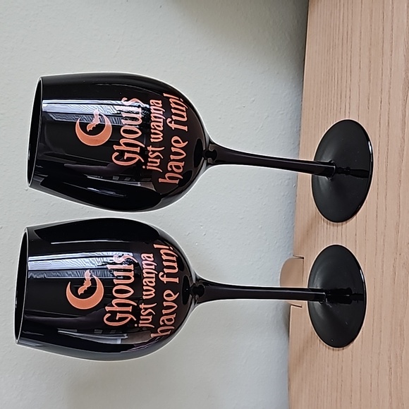 Other - S/2 "Ghouls just wanna have fun!" Halloween Moon Bat Black + Orange Wine Glasses